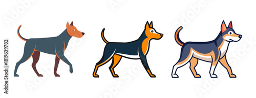 Three cartoon dogs walking side-by-side isolated on white