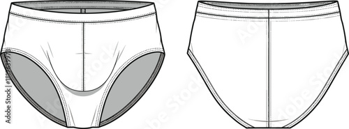 Technical fashion sketch, men's briefs front and back, contour seams, garment construction, apparel design, underwear template, flat illustration, vector