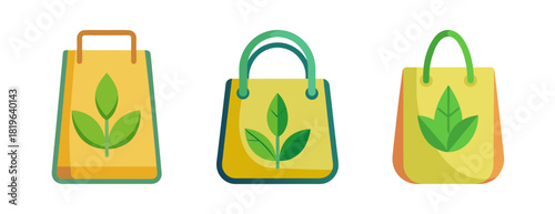 Three eco-friendly shopping bags with green leaf symbol