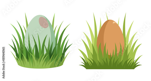 Two easter eggs hidden in green spring grass close up