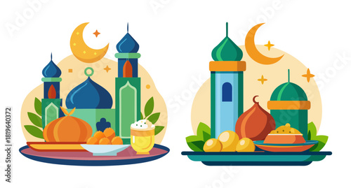 Ramadan eid celebration with mosques and traditional food