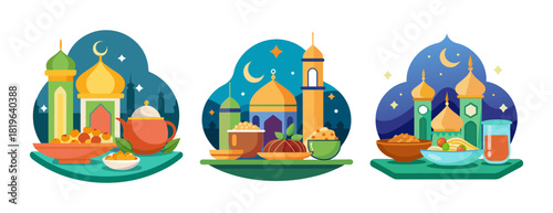 Eid celebration dinner festive scene with traditional food and mosques