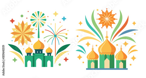 Eid celebration fireworks above mosques festive joyful scene
