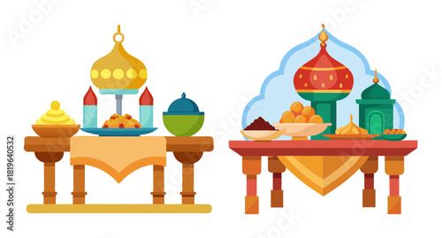 Festive eid feast table spread with colorful decorations and food