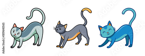 Three cute cartoon cats stretching their bodies gracefully