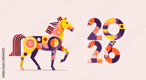 Stylized geometric horse and the year 2026 illustration, featuring vibrant abstract shapes for chinese new year, modern design, and annual events.