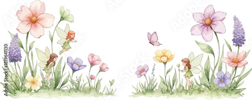 Watercolor illustration of fairies among flowers and grass with a butterfly on a white background