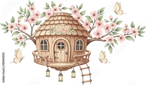 Watercolor illustration of a whimsical treehouse with cherry blossoms and butterflies around it