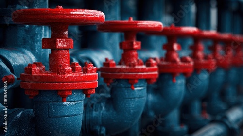 Row of red industrial valves on blue pipes in a factory setting