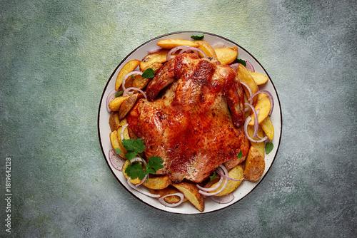 Photos fried, baked chicken, in the oven, with spices, and rustic potatoes, top view, h