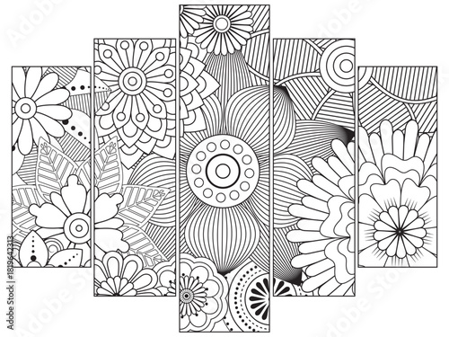 Bookmark for book -coloring set of black and with floral doodle patterns