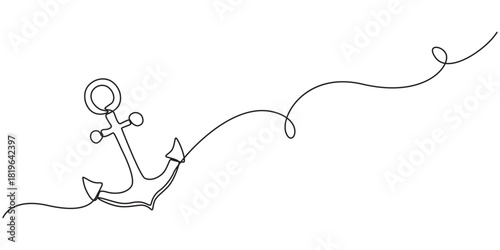 Continuous line drawing of sea anchor, Large sea anchor of the ship. Set of sea ocean elements. Continuous one line drawing of anchor banner. Linear style, Continuous one line drawing of anchor banner