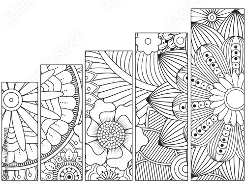 Bookmark for book -coloring set of black and with floral doodle patterns