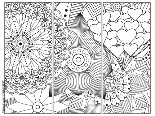 Bookmark for book -coloring set of black and with floral doodle patterns