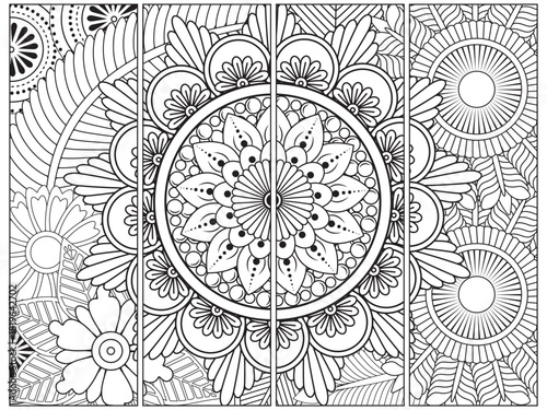 Bookmark for book -coloring set of black and with floral doodle patterns