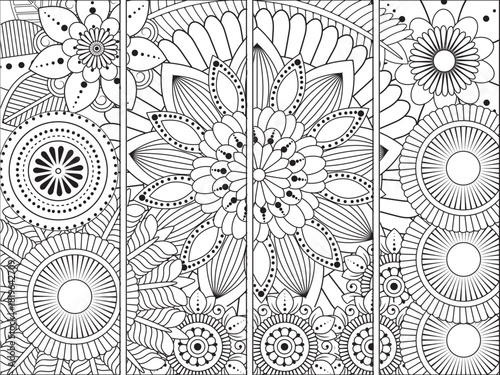 Bookmark for book -coloring set of black and with floral doodle patterns