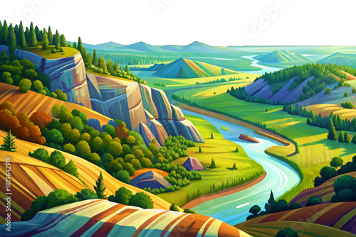 Curved forested hills with limestone outcrops, winding rivers and calm airy sky, Driftless Area, Wisconsin