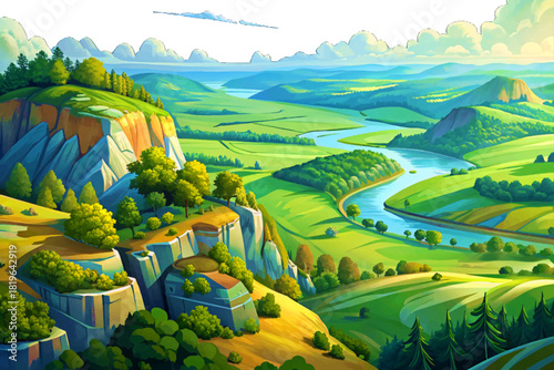 Curved forested hills with limestone outcrops, winding rivers and calm airy sky, Driftless Area, Wisconsin