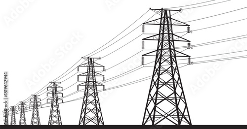 Transmission tower and utility pole silhouette set, power line infrastructure illustration, electrical grid clipart, black engineering artwork