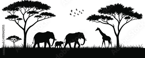 African savanna silhouette scene, wildlife illustration, elephant and giraffe clipart, nature landscape drawing, tree and animal artwork