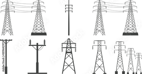 Electrical transmission tower set, utility pole illustration, power line structures, energy infrastructure clipart, voltage support drawing, engineering artwork