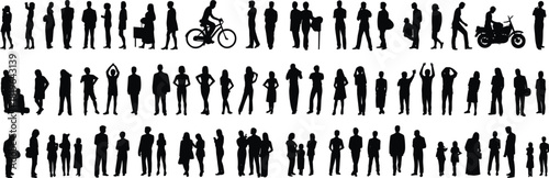 Human silhouettes, walking people, standing figures, social interaction, daily activity, urban crowd, diverse poses, gesture set, lifestyle motion, public behavior