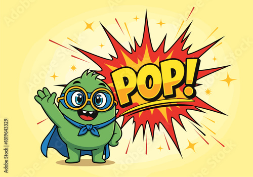 Green monster with goggles, blue cape waves, by comic 'pop!' explosion on yellow, symbolizing excitement, surprise, playful energy.