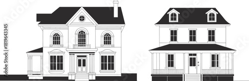Architectural house elevation illustration set, black and white facade drawings, residential building clipart, porch and gable artwork