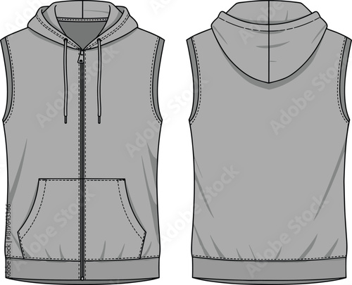 Technical sleeveless hoodie sketch, front and back view, zip-up closure, drawstring hood, kangaroo pocket, fashion illustration, vector garment template