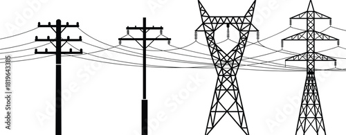 Electrical transmission tower and utility pole set, power line infrastructure illustration, voltage support clipart, black engineering artwork