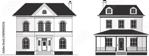 Architectural house illustration set, black and white facade drawings, residential building clipart, symmetrical and porch-style home artwork