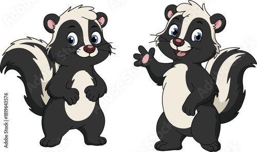 Cartoon skunk characters, cute animal clipart, playful skunk illustration, black and white skunk pose, cheerful skunk drawing, kids artwork