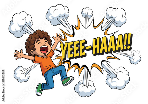 Excited cartoon boy with curly hair leaps and shouts "yeeee-haaaa!!" in a vibrant comic style, expressing joy, triumph, and energetic celebration. dynamic vector.