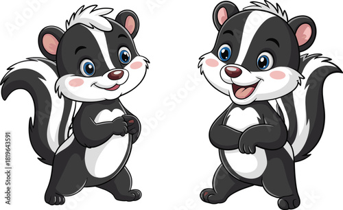 Cartoon skunks, cute animal characters, black and white fur, cheerful expressions, kids illustration, playful pose, friendly animals, educational design