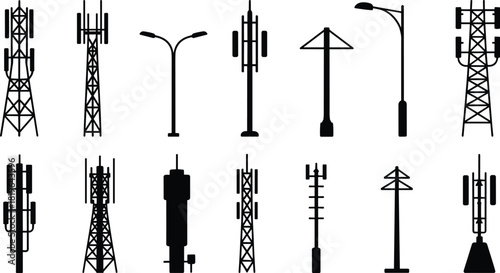 Cell tower and streetlight silhouette set, telecom infrastructure clipart, antenna pole illustration, black urban structure artwork