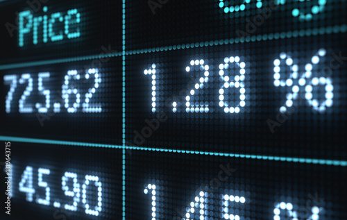 Close up data, percentages, yields, financial figures, business monitor. Spreadsheet with trading or market data. Illuminated numbers, LED screen.