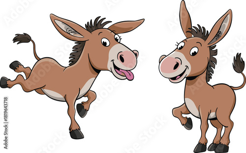 Cartoon donkey jumping, playful donkey dancing, funny animal illustration, cute donkey clipart, happy donkey character, children’s cartoon donkey artwork
