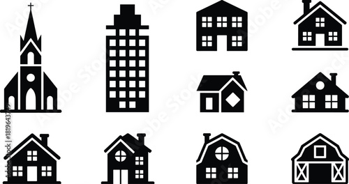 Building silhouettes, house icons, church shape, barn structure, architectural set, roof styles, window forms, urban design, home clipart, property types