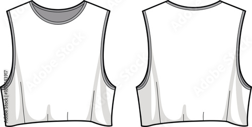 Sleeveless white crop top front and back view, round neck fitted style, fashion apparel design, cad drawing flat vector illustration