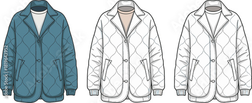Quilted jacket fashion sketch, diamond pattern, front view, color variations, vector template, cad drawing flat vector illustration