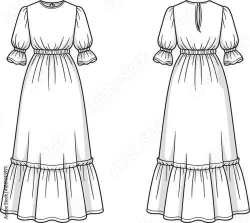 Long dress technical sketch, puff sleeves, gathered skirt, front and back view, vector template, cad drawing flat vector illustration