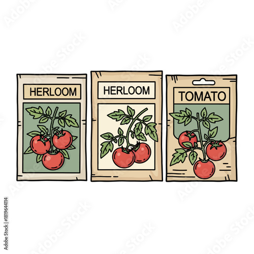 Three seed packets showcasing heirloom tomatoes and tomato varieties for gardening.
