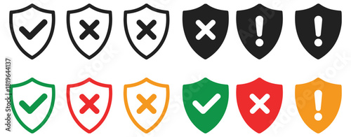 Shield Icon Set Featuring Check Mark, Cross Mark, Plus Symbol, and Exclamation Sign Representing Safety, Security, and Protection Elements Illustrated as a Clean Modern Vector Design for Digital and U