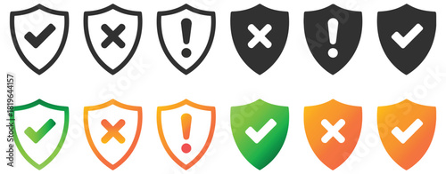 Shield Icon Set Featuring Check Mark, Cross Mark, Plus Symbol, and Exclamation Sign Representing Safety, Security, and Protection Elements Illustrated as a Clean Modern Vector Design for Digital and U
