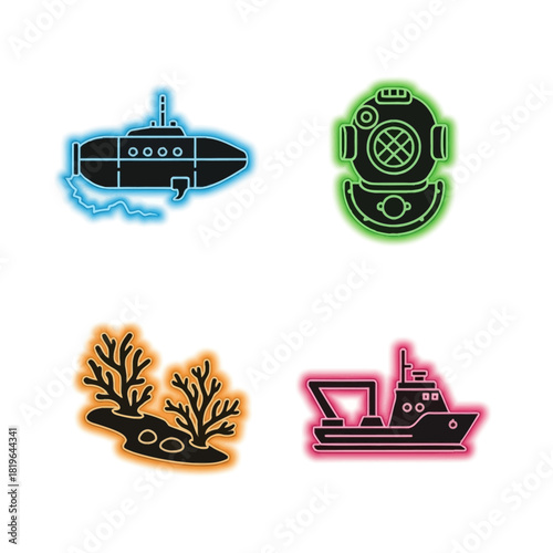 Underwater Exploration Icons - Submarine, Diving Helmet, Coral, and Research Vessel.