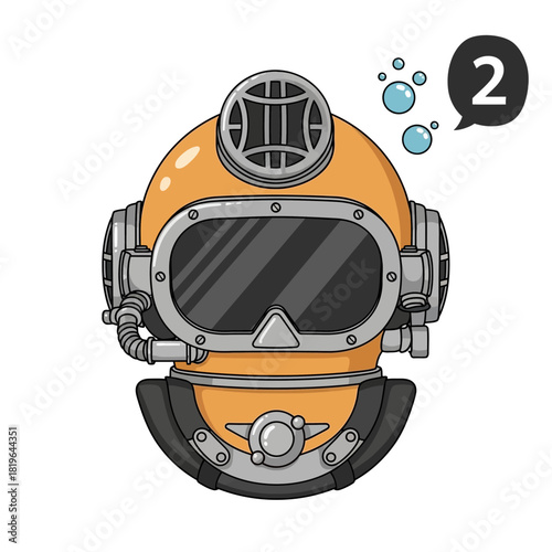 Vintage Diving Helmet with Bubbles and Number Two.