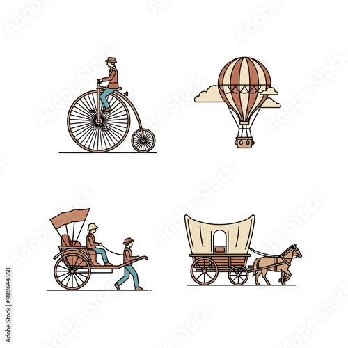 Vintage transportation methods including bicycle, hot air balloon, rickshaw, and horse-drawn wagon.