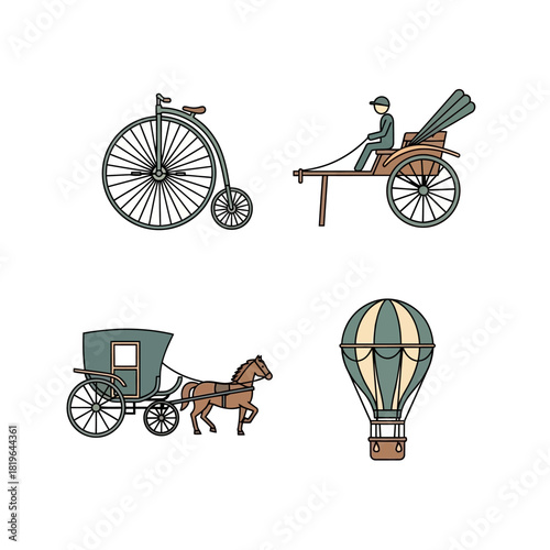 Vintage transportation methods including bicycle, rickshaw, carriage, and hot air balloon.