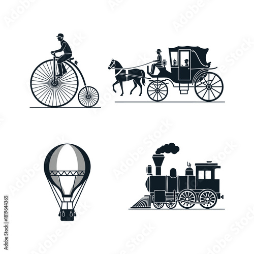 Vintage Transportation - Penny-Farthing, Carriage, Balloon, and Steam Train.