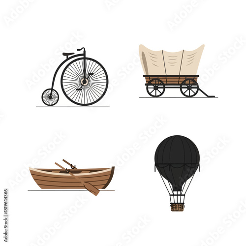 Vintage Transportation Collection - Bicycle, Wagon, Boat, and Balloon.